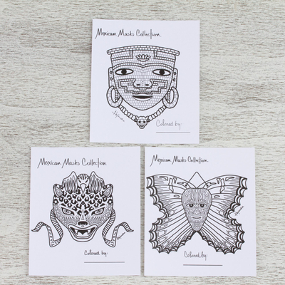 Postales para colorear, (juego de 10) - Juego de 10 Postales para Colorear de Máscaras Mexicanas Fantásticas