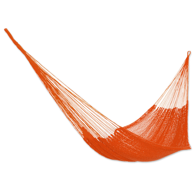 Cotton rope hammock, 'Mango Paradise' (single) - Solid Maya Orange Hand Woven Cotton Hammock (Single)