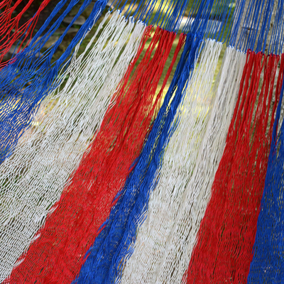 Hamaca, (individual) - Hamaca maya de nailon tejida a mano roja, blanca y azul (individual)