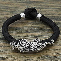 Sterling silver and leather braided bracelet, 'Life of the Jaguar'