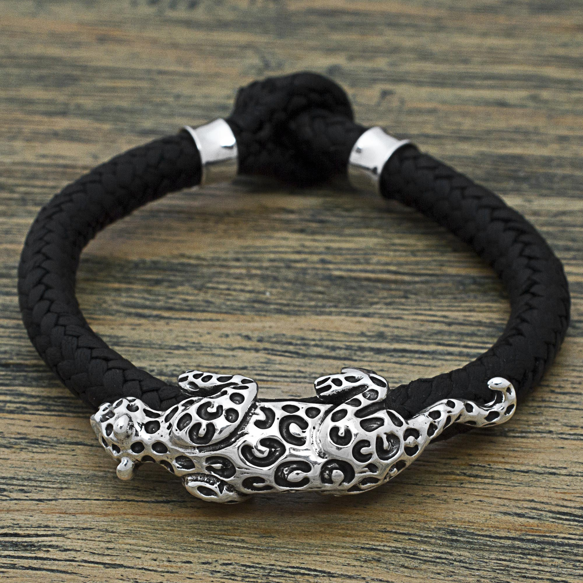 Large Silver Panther Cat Bead Charm Braided 5 Leather Bracelet