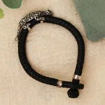 Sterling silver and leather braided bracelet, 'Life of the Jaguar' - Hand Made Leather Sterling Silver Braided Bracelet Mexico