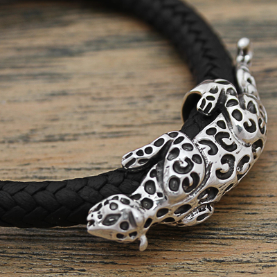 Sterling silver and leather braided bracelet, 'Life of the Jaguar' - Hand Made Leather Sterling Silver Braided Bracelet Mexico