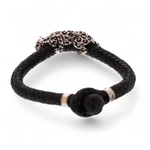 Sterling silver and leather braided bracelet, 'Life of the Jaguar' - Hand Made Leather Sterling Silver Braided Bracelet Mexico