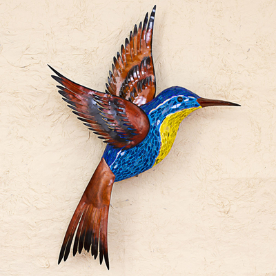 Glass mosaic and steel wall sculpture, Blue Hummingbird (right-facing)