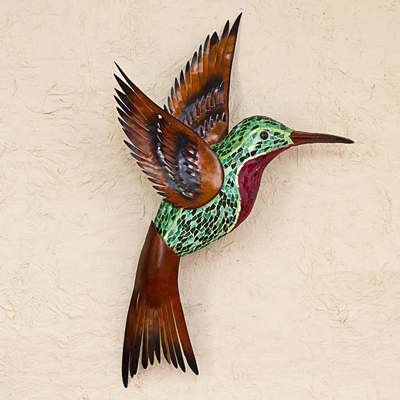 Glass mosaic and steel wall sculpture, 'Green Hummingbird' (right-facing) - Steel Wall Art Right Facing Green Hummingbird Mexico