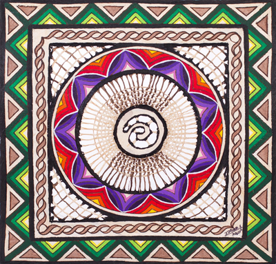 Amate paper wall art, 'Flower Spiral' - Multicolor Hand Painted Spiral Wall Art Paper from Mexico