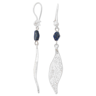 Lapis lazuli filigree dangle earrings, 'Aural Leaf in Blue' - Filigree Silver Lapis Lazuli Dangle Earrings from Mexico