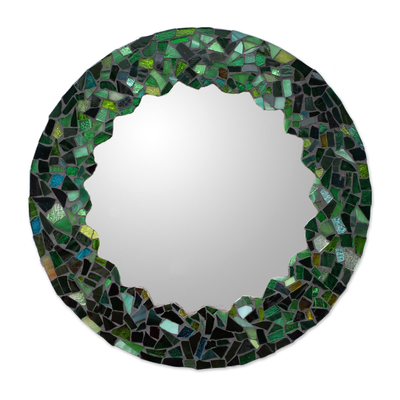 Glass mosaic wall mirror, 'Mosaic in Emerald' - Hand Made Green Glass Mosaic Wall Mirror from Mexico