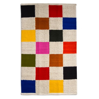 Wool Rug With Multi Color And Ivory Squares 3 5x5 5 Square