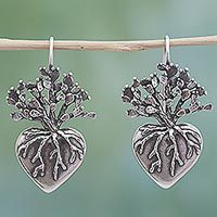 Sterling silver drop earrings, 'Root of Life' - Hand Made Sterling Silver Drop Earrings Heart from Mexico