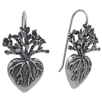 Sterling silver drop earrings, 'Root of Life' - Hand Made Sterling Silver Drop Earrings Heart from Mexico