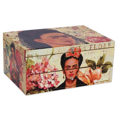 Decoupage wood box, 'Floral Frida' - Floral Frida Portraits Decoupage on Pinewood Decorative Box