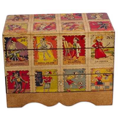 Decoupage jewelry box, 'Day of the Dead Lottery' - Day of the Dead Bingo Decoupage on Pinewood Jewelry Box