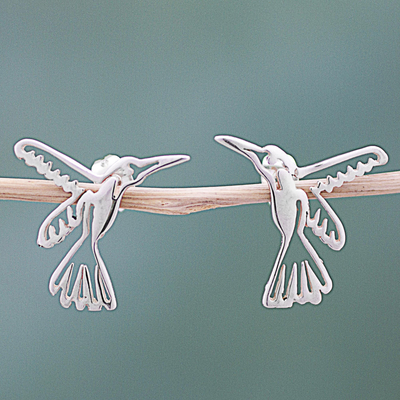 Sterling silver drop earrings, 'Pair of Hummingbirds' - Hand Made Sterling Silver Drop Earrings Hummingbird Mexico