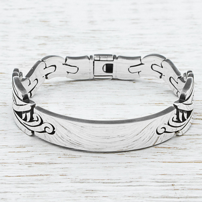Sterling silver link bracelet, 'Sacred Snake' - Sterling Silver Link Bracelet Featuring Sacred Aztec Image