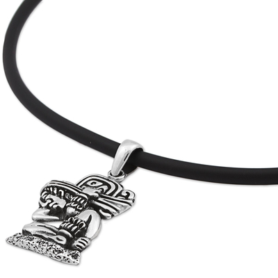 Sterling silver pendant necklace, 'The Carrier of Time' - Mayan Glyph Sterling Silver Necklace with a Rubber Cord