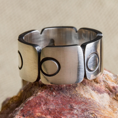 Sterling silver band ring, 'Aztec Squares' - Sterling Silver Band Ring with Square Circle Motifs Mexico