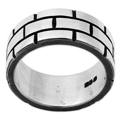 Sterling silver band ring, 'Fortress Wall' - Sterling Silver Band Ring with Rectangle Motifs Mexico