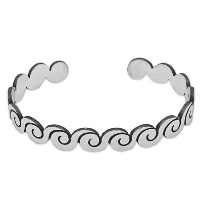 Sterling Silver Cuff Bracelet with Wave Motifs from Mexico
