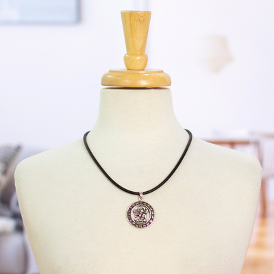 Sterling silver pendant necklace, 'Time Carrier' - Sterling Silver and Rubber Aztec Pendant Necklace Mexico