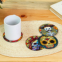 Decoupage wood coasters, 'Festive Catrina' (set of 4) - Day of the Dead Theme on Mexican Decoupage Set of 4 Coasters