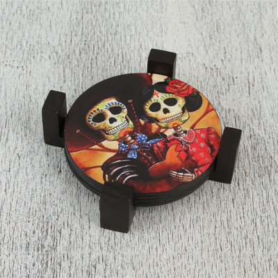 Decoupage wood coasters, 'Festive Catrina' (set of 4) - Day of the Dead Theme on Mexican Decoupage Set of 4 Coasters