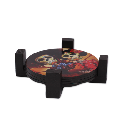 Decoupage wood coasters, 'Festive Catrina' (set of 4) - Day of the Dead Theme on Mexican Decoupage Set of 4 Coasters