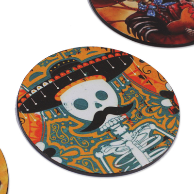 Posavasos de madera decoupage, (juego de 4) - Tema del Día de Muertos en Decoupage Mexicano Juego de 4 Posavasos