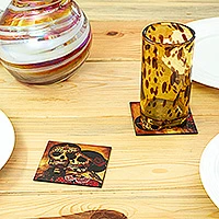 Posavasos de madera decoupage, (juego de 4) - Set de 4 Posavasos Decoupage con Tema del Día de Muertos