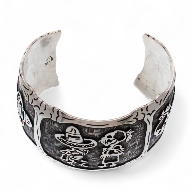 Mexican Day of the Dead Sterling Silver Cuff Bracelet Skeletal