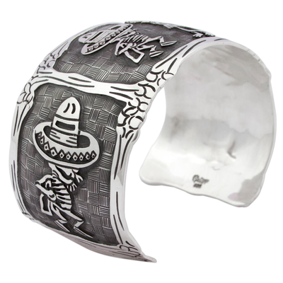 Sterling silver cuff bracelet, 'Skeletal Hat Dance' - Mexican Day of the Dead Sterling Silver Cuff Bracelet