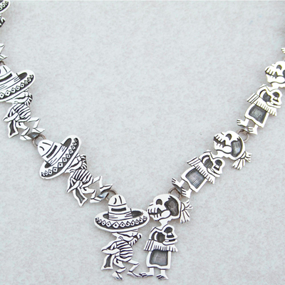 Sterling silver link necklace, 'Skeletal Hat Dance' - Mexican Day of the Dead Sterling Silver Link Necklace