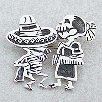 Sterling silver brooch pendant, 'Skeletal Hat Dance' - Day of the Dead Sterling Silver Brooch Pendant