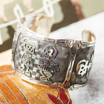 Sterling silver cuff bracelet, 'Skeletal Matador Dance' - Day of the Dead Matador Skeletons Bracelet