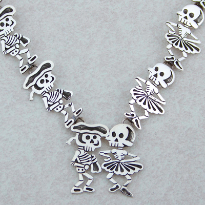 Sterling silver Y-necklace, 'Skeletal Matador Dance' - Day of the Dead Signed Matador Skeletons Necklace