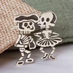 Sterling silver brooch pendant, 'Skeletal Matador Dance' - Signed Brooch Pendant from Mexican Day of the Dead