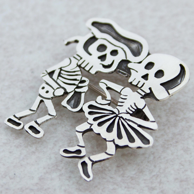 Sterling silver brooch pendant, 'Skeletal Matador Dance' - Signed Brooch Pendant from Mexican Day of the Dead