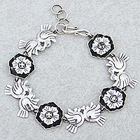 Sterling silver flower bracelet, 'Mexican Romance' - 925 Silver Bracelet with Flowers and Lovebirds from Mexico
