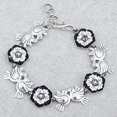 Blumenarmband aus Sterlingsilber - 925er Silberarmband mit Blumen und Turteltauben aus Mexiko