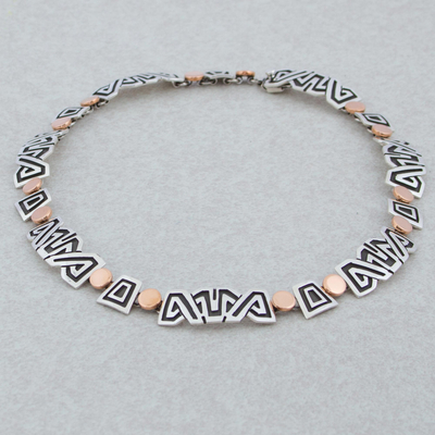 Sterling silver link necklace, 'Solar Frieze' - Necklace with 925 Silver Aztec Friezes and Copper Suns