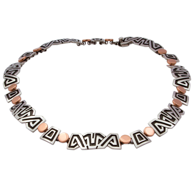Sterling silver link necklace, 'Solar Frieze' - Necklace with 925 Silver Aztec Friezes and Copper Suns