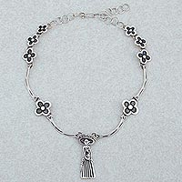 Sterling silver pendant choker necklace, 'Catrina and the Flowers' - Catrina Silver Choker Day of the Dead jewellery Collection