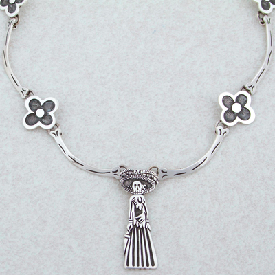 Sterling silver pendant choker necklace, 'Catrina and the Flowers' - Catrina Silver Choker Day of the Dead Jewelry Collection