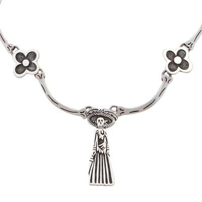 Sterling silver pendant choker necklace, 'Catrina and the Flowers' - Catrina Silver Choker Day of the Dead Jewelry Collection