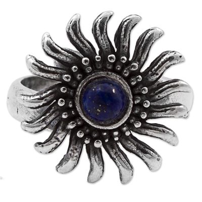 Lapis lazuli cocktail ring, 'Glittering Sun' - Sterling Silver Lapis Lazuli Cocktail Ring Sun from Mexico