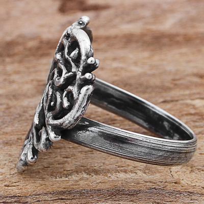 Sterling silver cocktail ring, 'Vine Heart' - Sterling Silver Cocktail Ring Heart Shape from Mexico