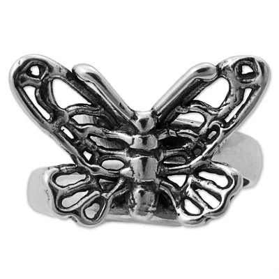 Sterling silver cocktail ring, 'Flight of the Butterfly' - Sterling Silver Cocktail Ring Butterfly Shape from Mexico
