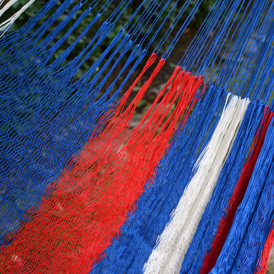 Hamaca, (doble) - Hamaca maya de nailon tejida a mano roja, blanca y azul (doble)