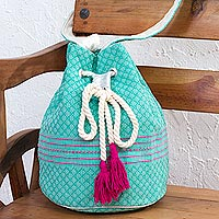 Cotton shoulder bag, 'Day Trip' - Striped Drawstring Cotton Shoulder Bag Handcrafted in Mexico
